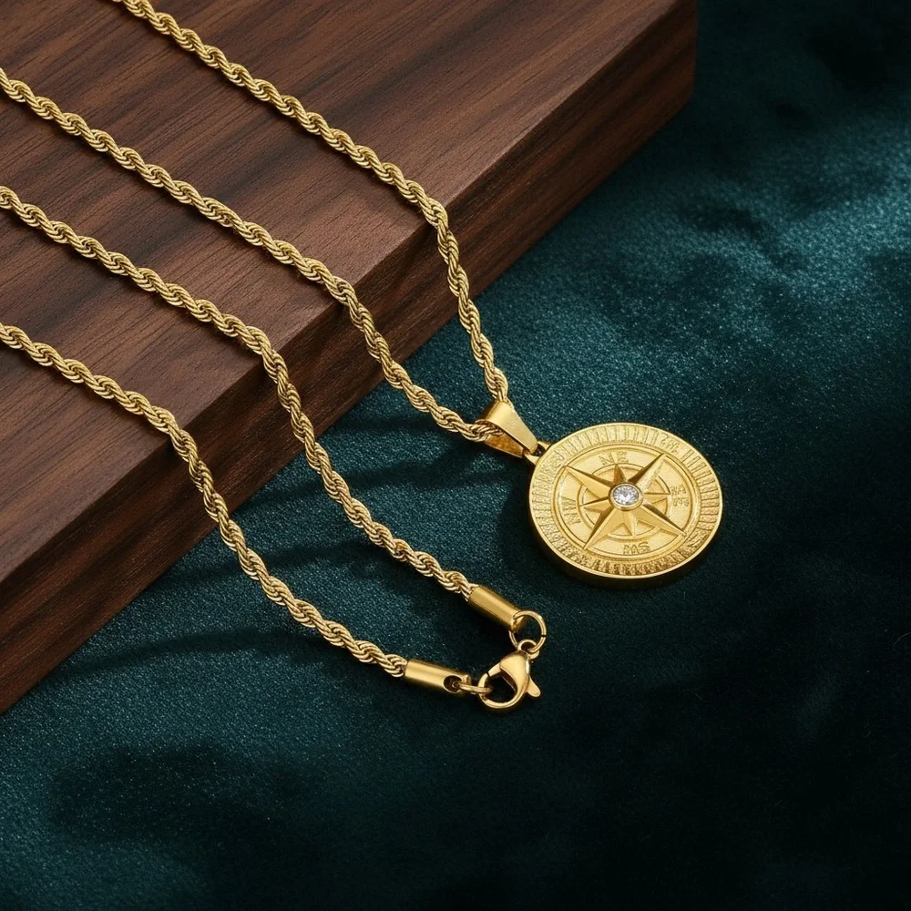 Compass Necklace with Rope Chain - Picture 1 of 6